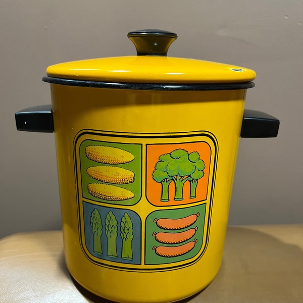 Yellow Enamelware Vintage Stock Pot, Camping Pot With Lid, Retro Kitchen