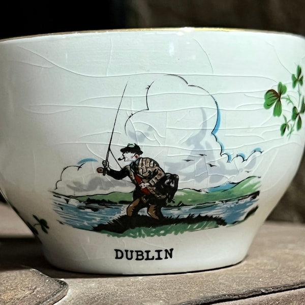 Dublin Fly Fishing Vintage Cup, Vintage St Patrick’s Day, Carrigaline Pottery