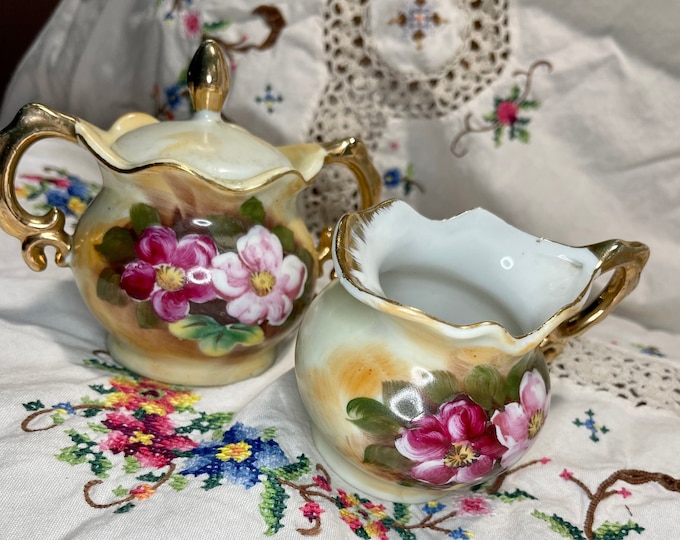 Vintage Sugar Bowl and Creamer Set, Country Cottage Decor, Wedding Shower Gift