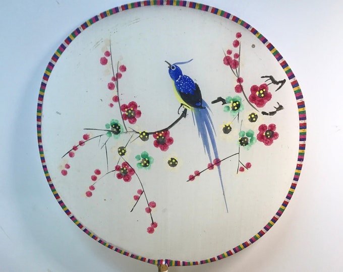 Hand Fan, Vintage Painted Bluebird Decorative Fan