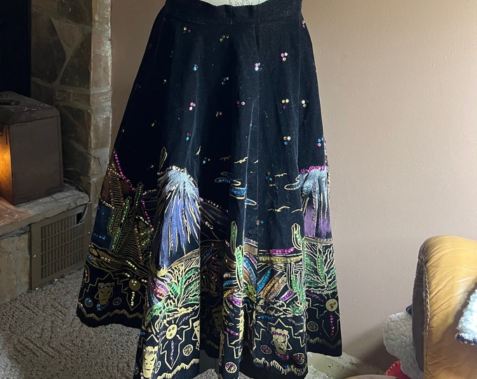 Black Velvet Hand Painted Skirt, Vintage Artwork Fashion, Mexican Day Of The Dead