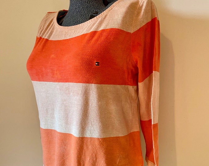 Orange Faded Striped Shirt, Up Cycled Women’s summer tee, distressed Tommy Hilfiger crew top
