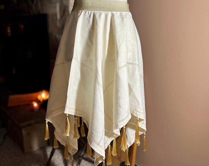Gold Accents Skirt, Formal Attire Linen Poncho, Tassel Top
