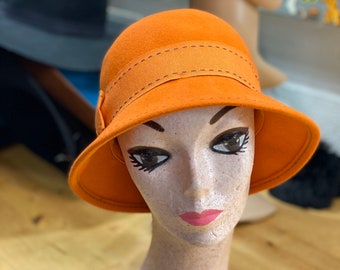 Orange Hat, Cloche Women’s Hat, 1920’s Style Flapper Hat, Retro Fashion Hat