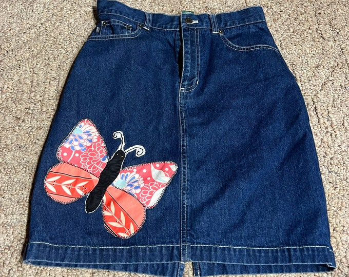 Butterfly Jean Skirt, Up cycled Vintage Ralph Lauren Denim Skirt