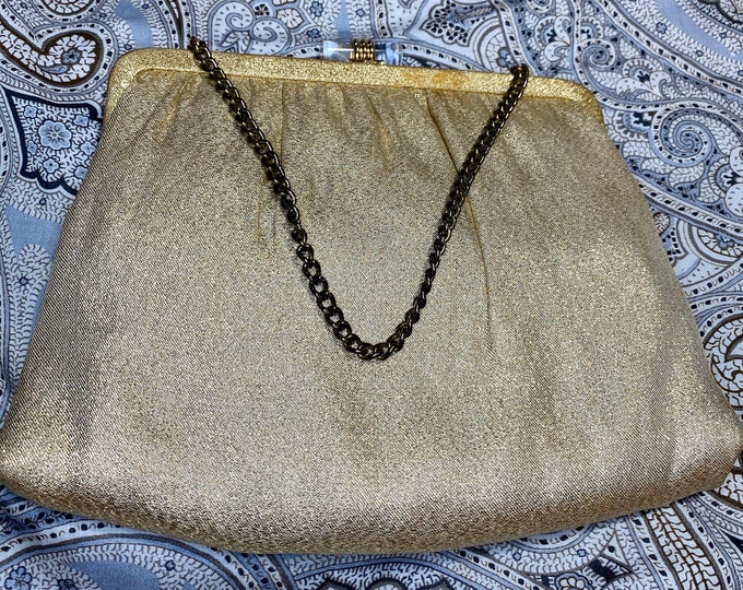 Gold Evening Bag, Ande Lame Vintage Fashion Purse, Art Deco Embellishment