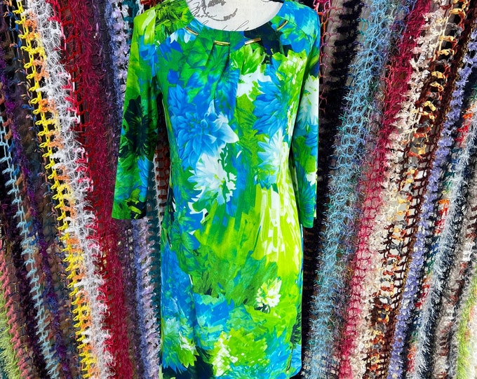 Flower Dress, Bright Blue and Green Womenswear Dress, Garden Party