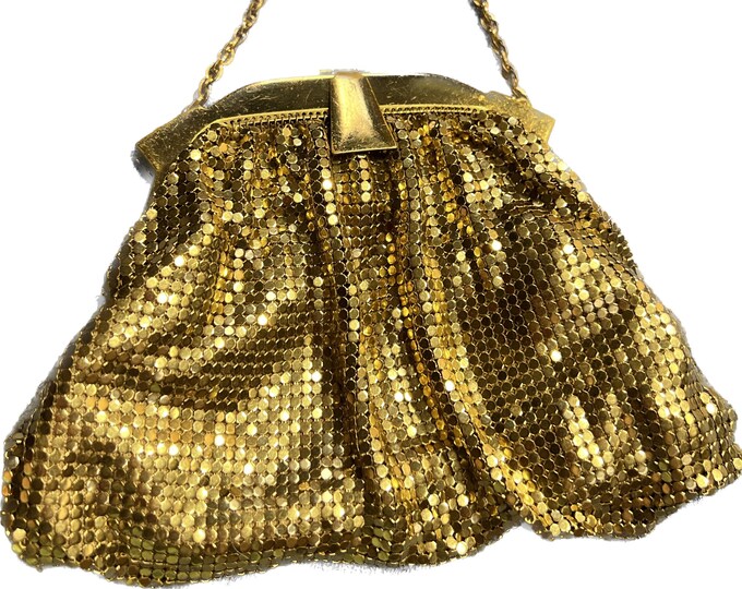 Whiting And Davis Gold Cocktail Handbag, Vintage Metal Mesh Fancy Formal Cocktail Party Purse