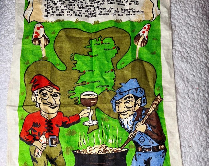 Irish Coffee Tea Towel Vintage Linen Recipe Kitchen Saint Patrick's Day Decoration March Hostess Gift