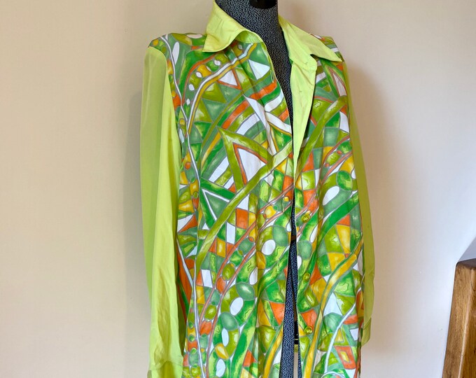 Chartreuse Silk Blouse, Geometric Print Summer Shirt