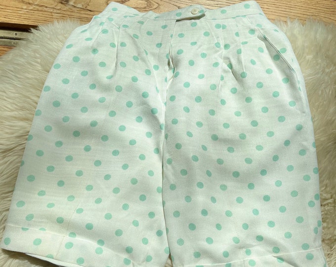 Vintage Women’s Linen Shorts, Polka Dot Green Slacks, Retro Dress Shorts