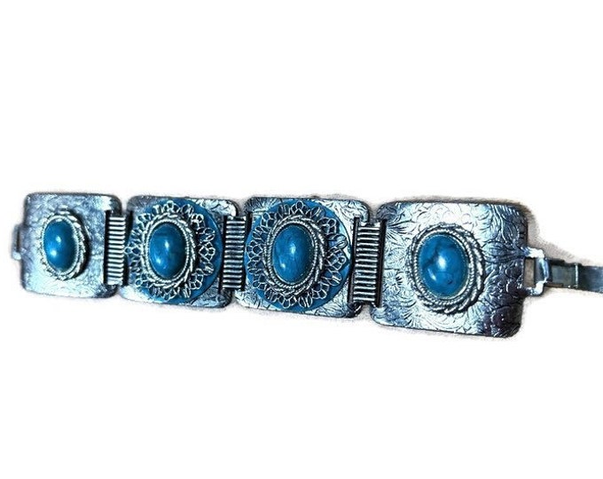 Costume Jewelry Bracelet, Faux Turquoise Link Bracelet, Mid Century Style