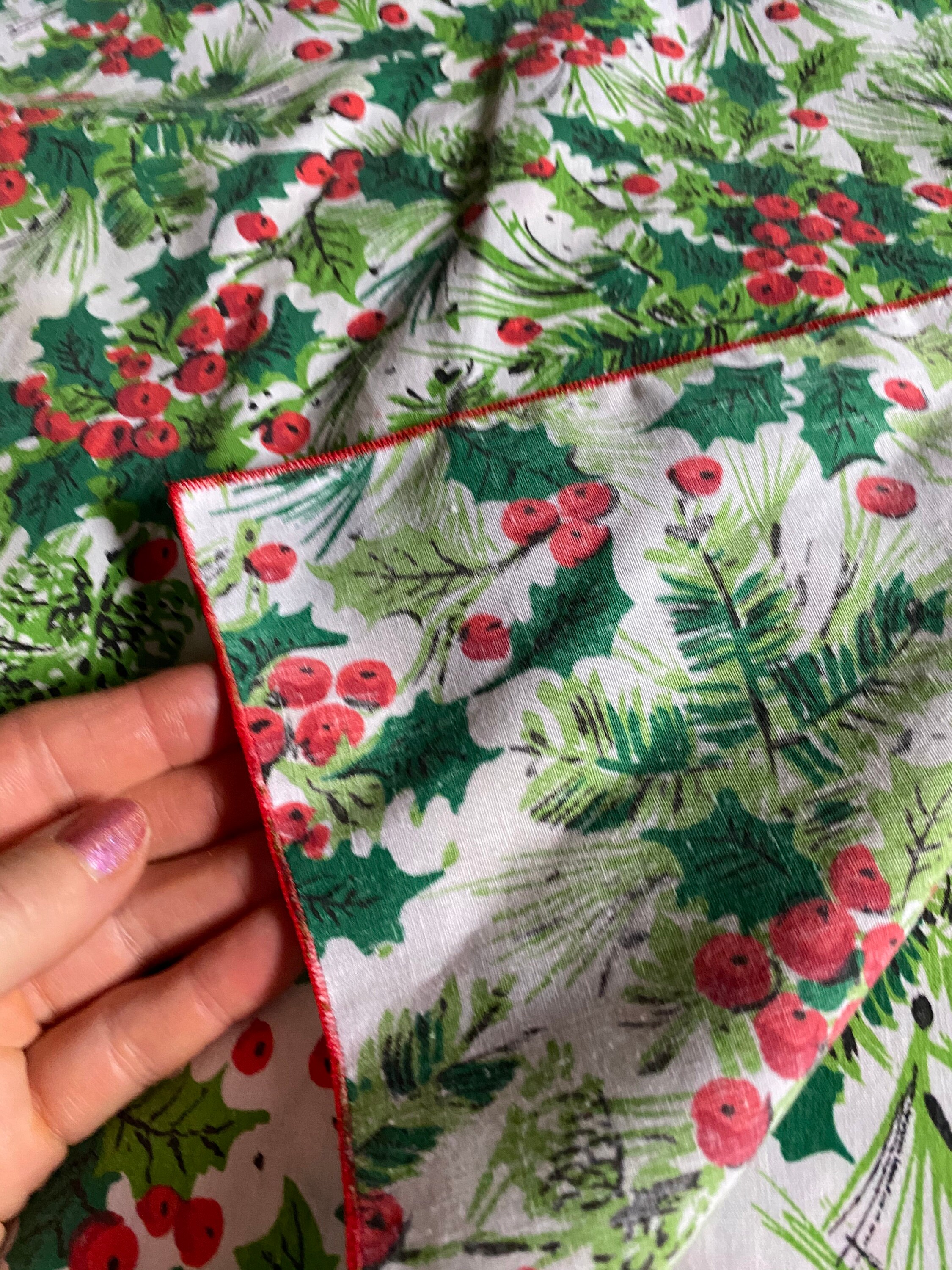 Christmas Holly and Ivy Napkins Vintage Holiday Napkin Set of 6 Red