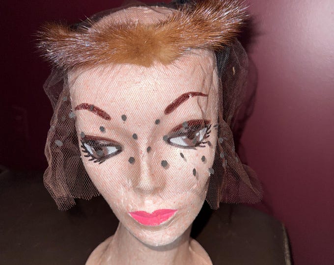 Brown Mink Fascinator Hat, Face Veil Vintage Headband Formal Retro Fashion