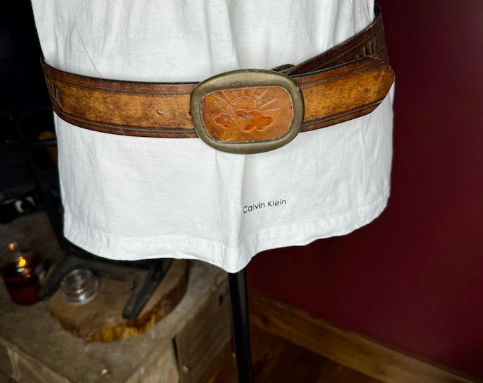 Leather Belt and Buckle California, Vintage Sunshine Mountains Boho Unisex Accessory Hippy