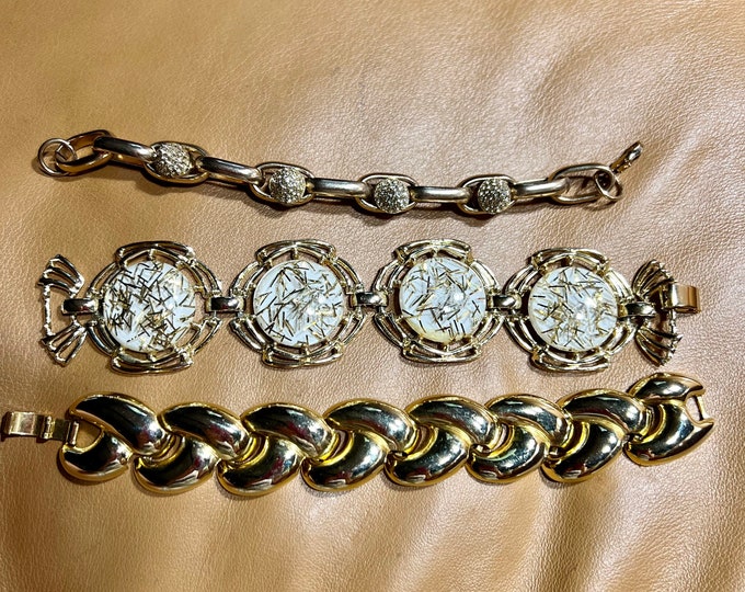 Lot of Gold Toned Chunky Bracelets, Costume Statement Jewelry, Mid Century Modern Fashion