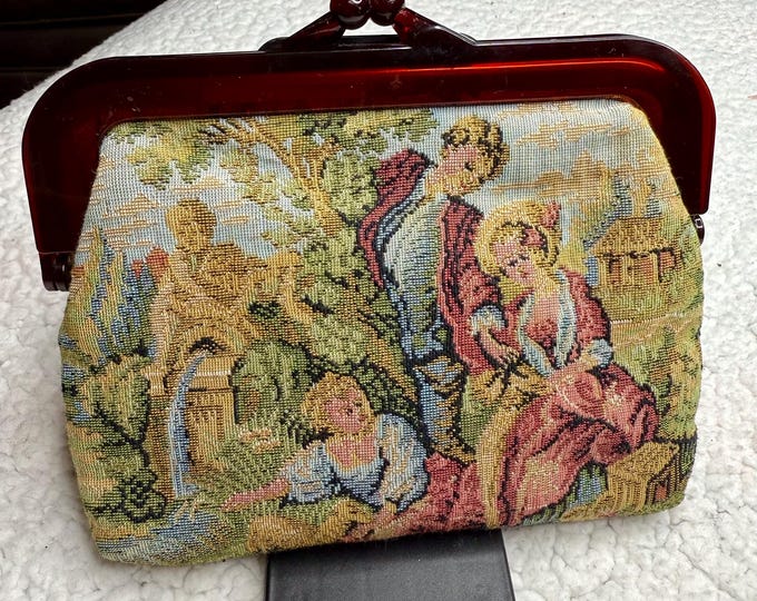 Victorian Tapestry Clutch Handbag, Vintage Regale Purse Kiss Lock Closure