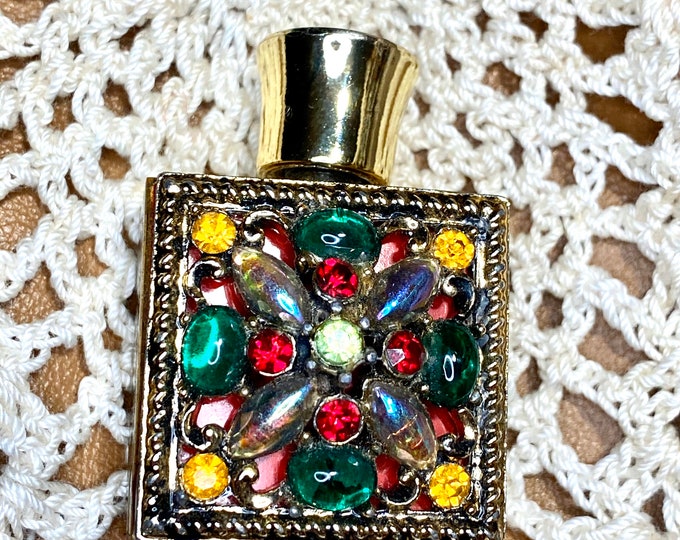 Miniature Perfume Bottle Collectible, Colored Rhinestones Vintage Cologne Bottle, Victorian Vanity Display