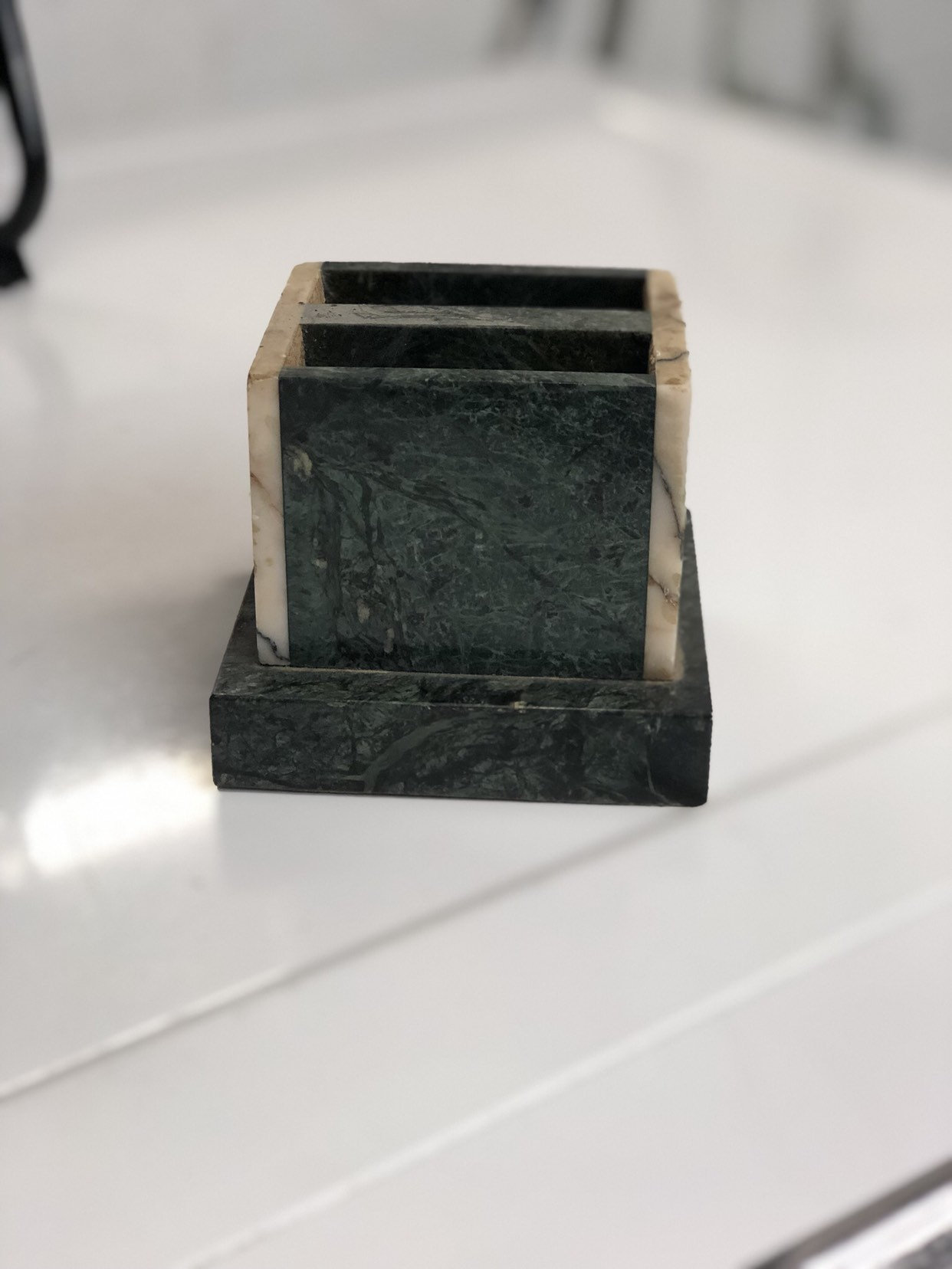 Marble Desk Top Organizer, Vintage Office Executive Accessory, Green and White Marble Holder