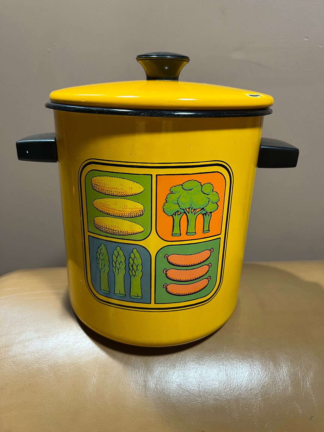 Yellow Enamelware Vintage Stock Pot, Camping Pot With Lid, Retro