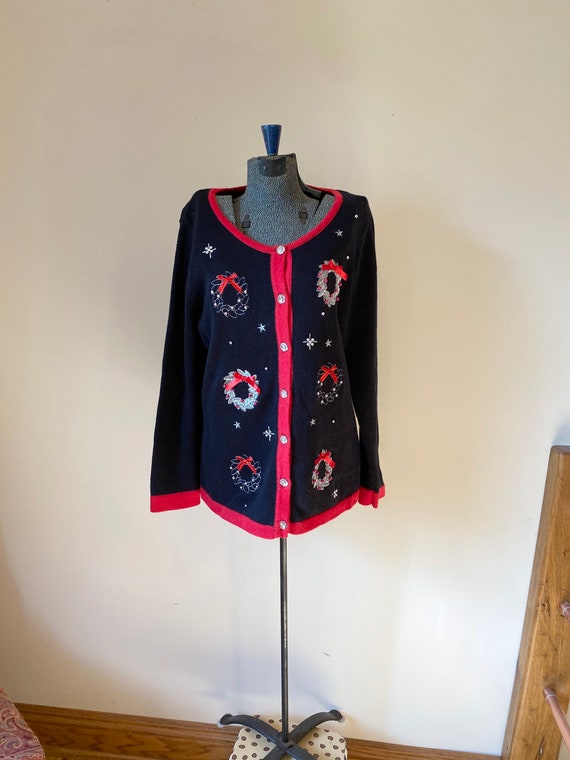 Christmas Wreath Sweater, Holiday Party Cardigan,… - image 1