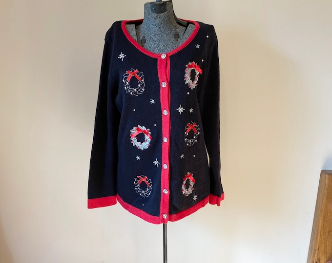 Christmas Wreath Sweater, Holiday Party Cardigan, black Christmas top