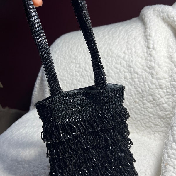 Black Flapper Handbag, Beaded Evening Cocktail Purse, Formal Bag