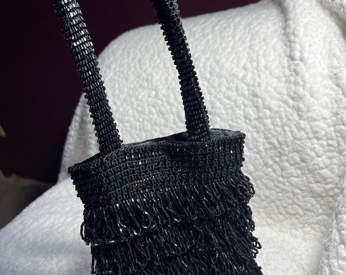 Black Flapper Handbag, Beaded Evening Cocktail Purse, Formal Bag