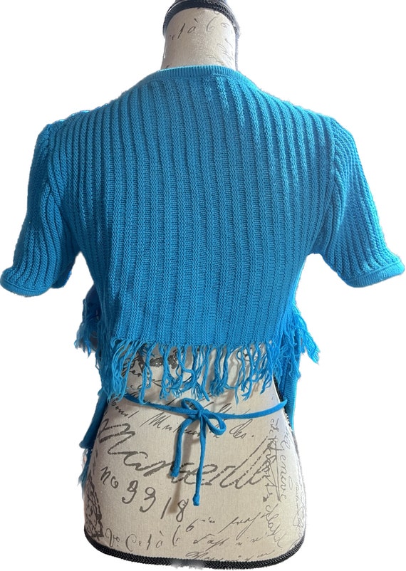 Teal Fringed Shirt, Open Tie Back Top, Summer Con… - image 1