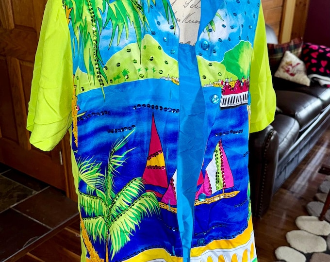 Silk Summer Beach Blouse and Tank Sail Boat Diane Gilman Vacation Party
