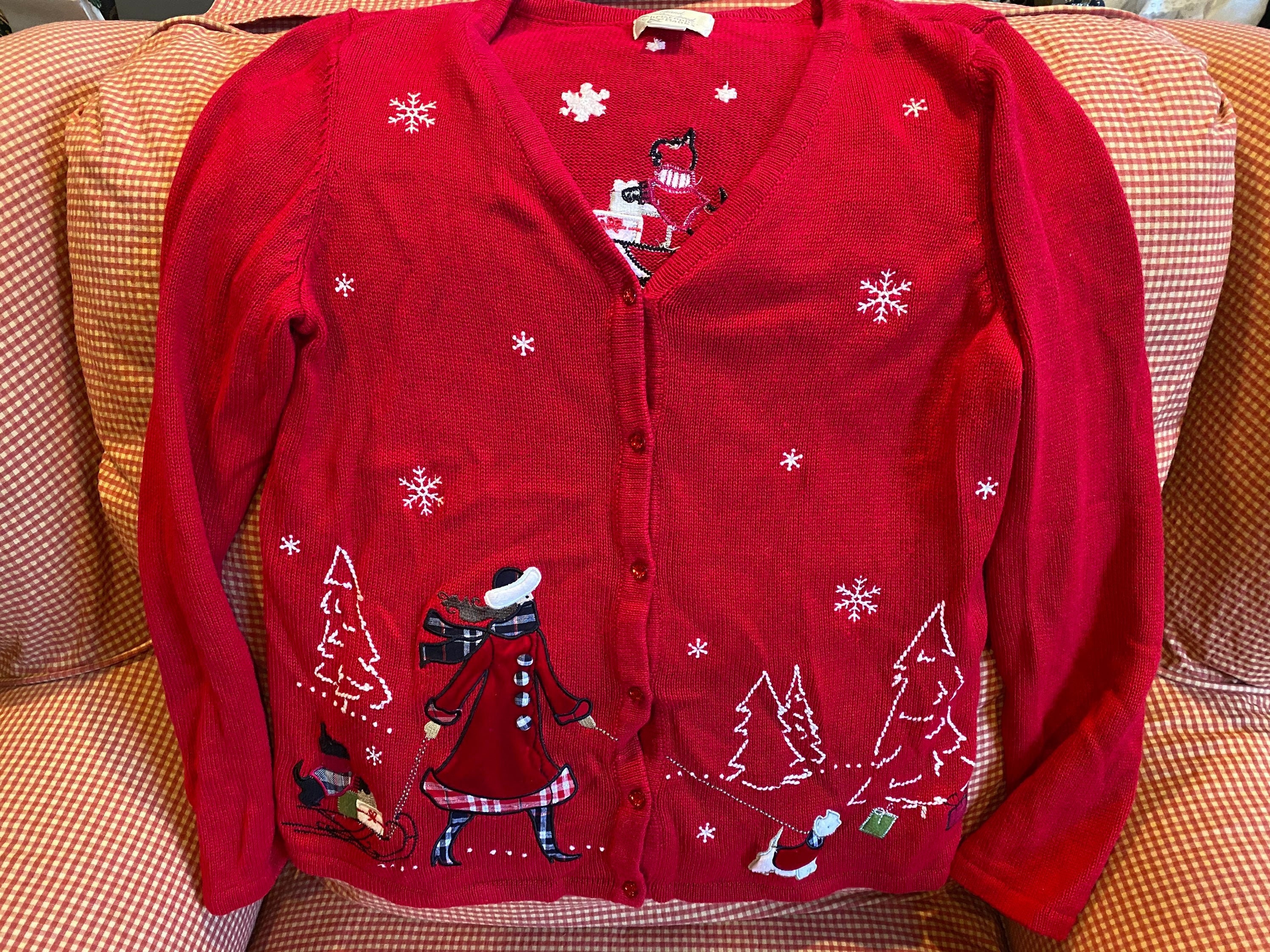 Red Christmas cardigan sweater, holiday party fashion top