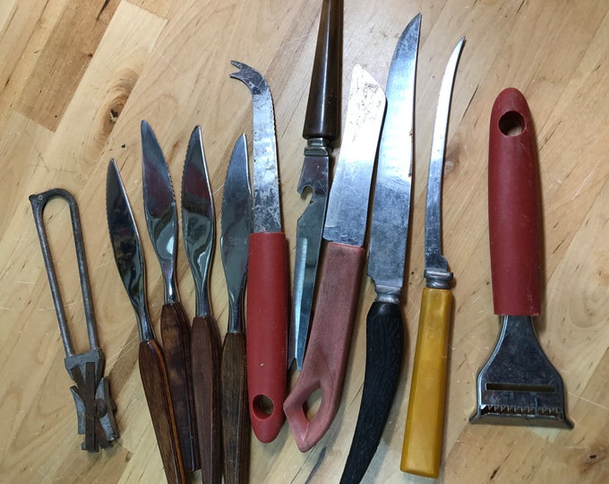 Kitchen Knives Lot, Vintage Utensils and Sharpener