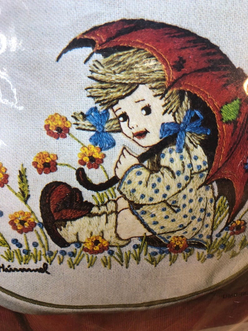 Hummel Crewel Needlework kit vintage needlepoint handbag girl with umbrella