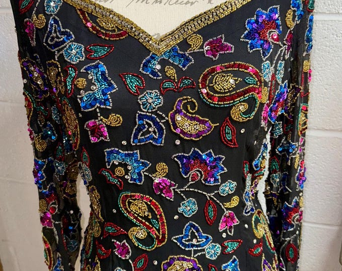 Colorful Silk Shirt Beaded Sequins Top Party Concert Paisley Flower