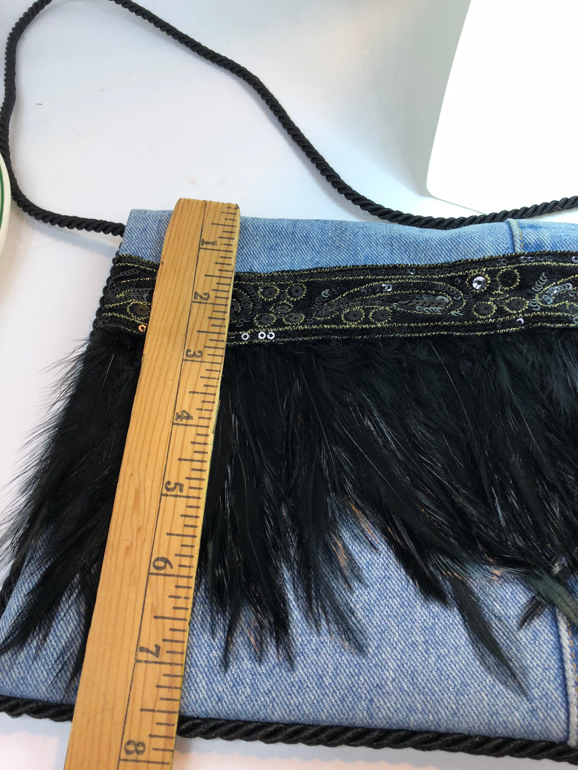 Blue Denim Jean Handbag, goth black feather bag, handmade purse