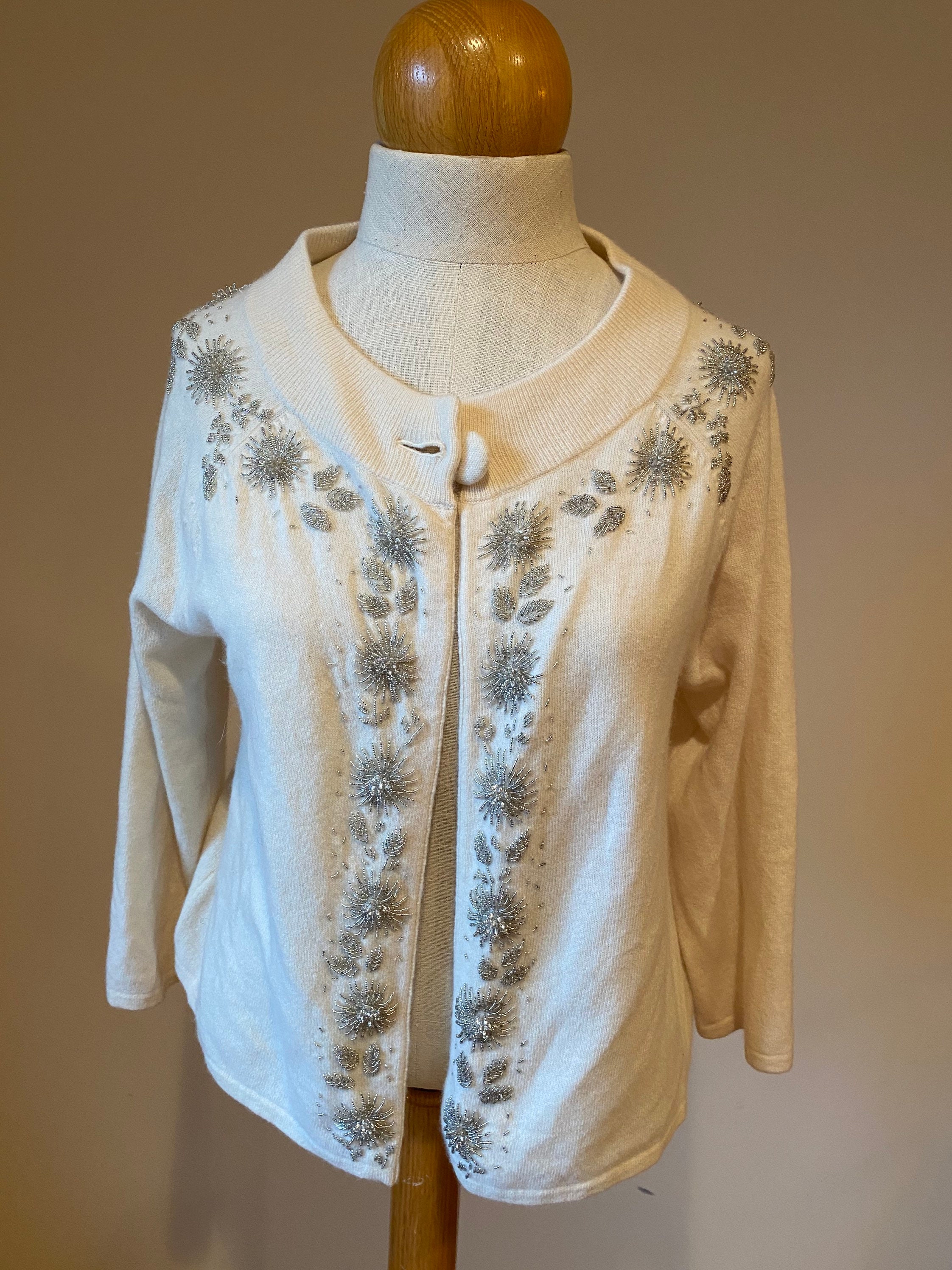 White Angora Cardigan Silver Beaded 