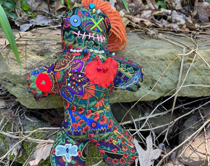 Voodoo Doll Halloween Decoration, Handmade Popppit, Embroidered Fabric Art