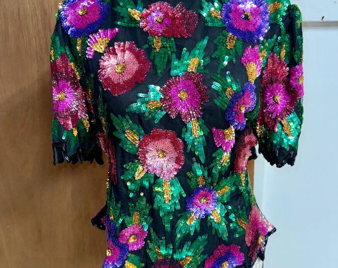 Multicolor Floral Blouse Sparkle Sequins Beads Vintage Formal Party Garden Summer
