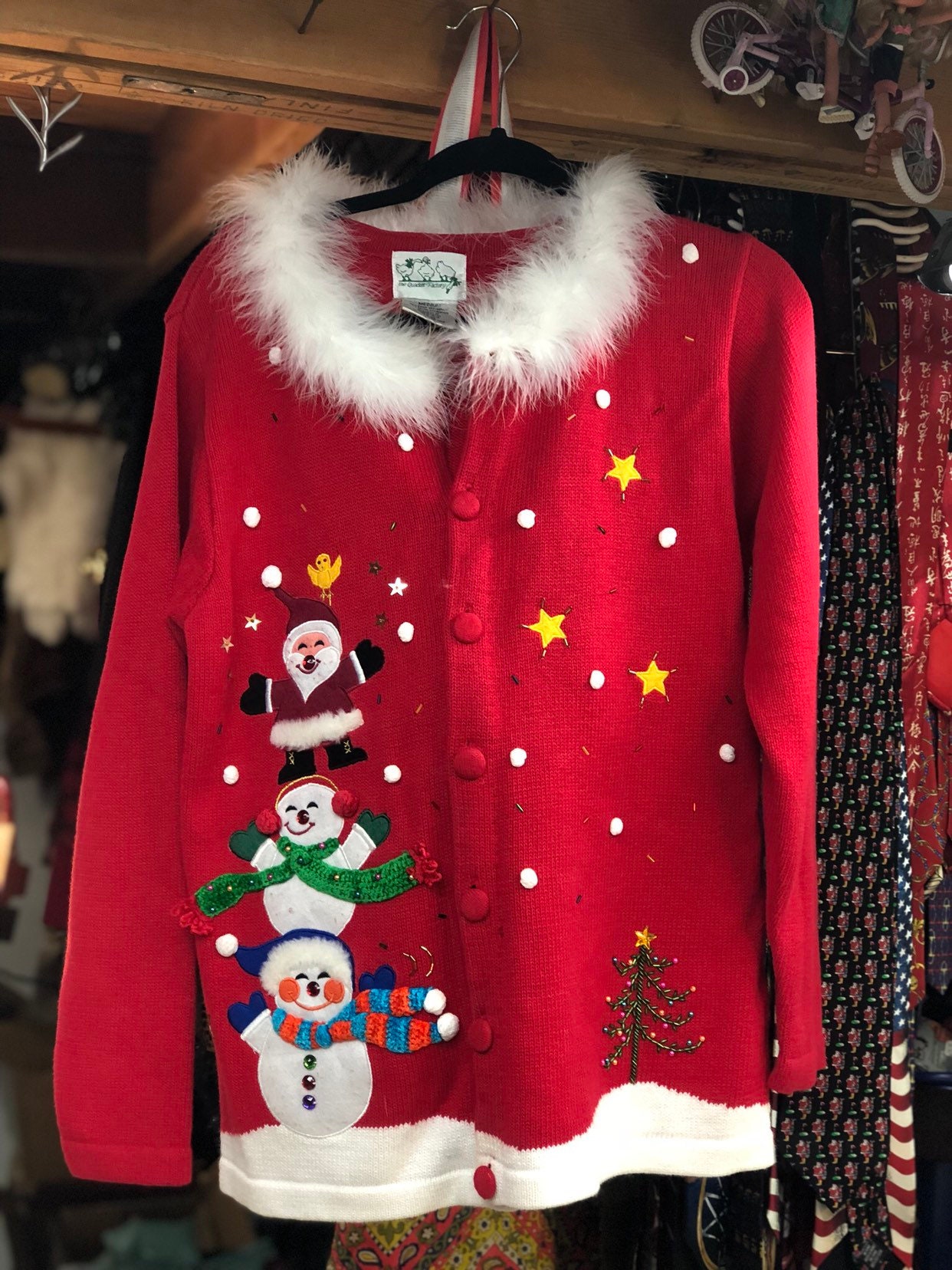 Red Christmas Sweater with White Feather Boa Collar