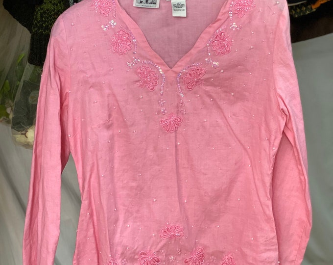 Pink Women’s Top, Irish Linen Pullover Blouse, Beads and Sequins Top