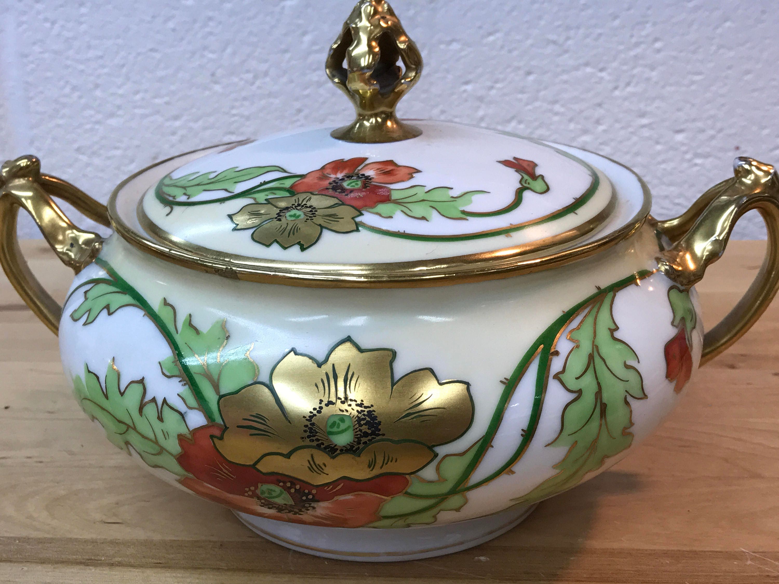 Sugar Bowl with Lid Limoges France, Gold toned trimmed Vintage China