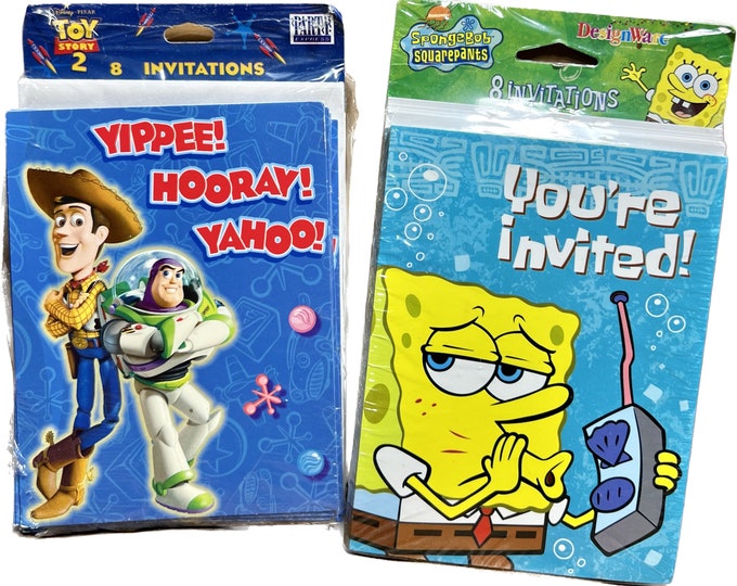 Party Invitations, Vintage SpongeBob and Toy Story Cards