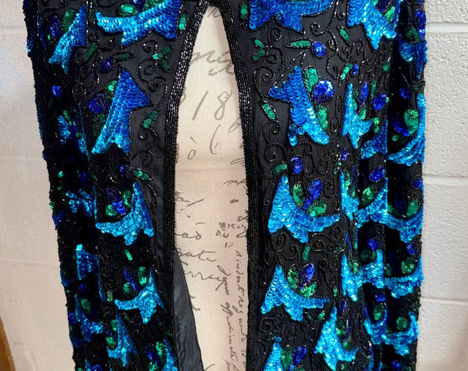 Silk Jacket Sequins Beaded Vintage Formal Fashion Blue Black Party Concert Sparkle Shimmer