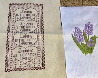 Heart Cross Stitch Fabric Art Picture, Purple Hyacinths Spring, Inspirational Sayings