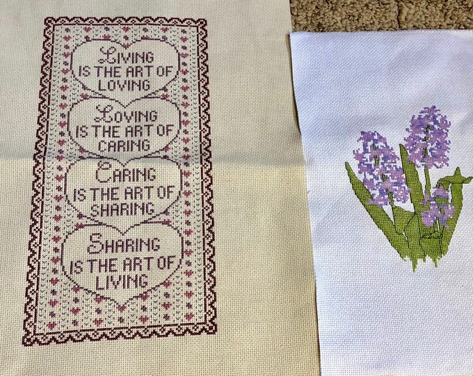 Heart Cross Stitch Fabric Art Picture, Purple Hyacinths Spring, Inspirational Sayings