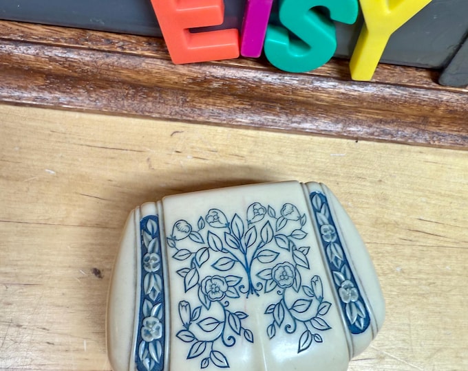Antique Double Ring Box Engagement Wedding Set Art Deco Celluloid Velvet Blue Embossed Flowers Clamshell