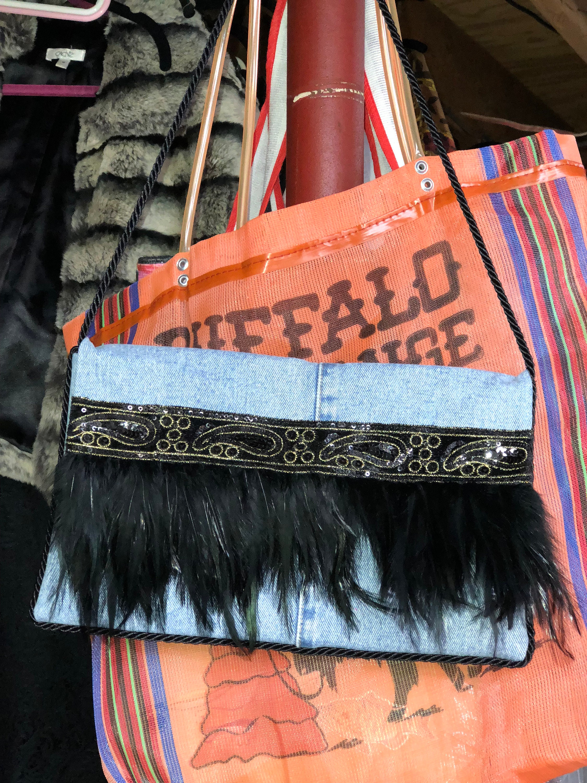 Blue Denim Jean Handbag, goth black feather bag, handmade purse