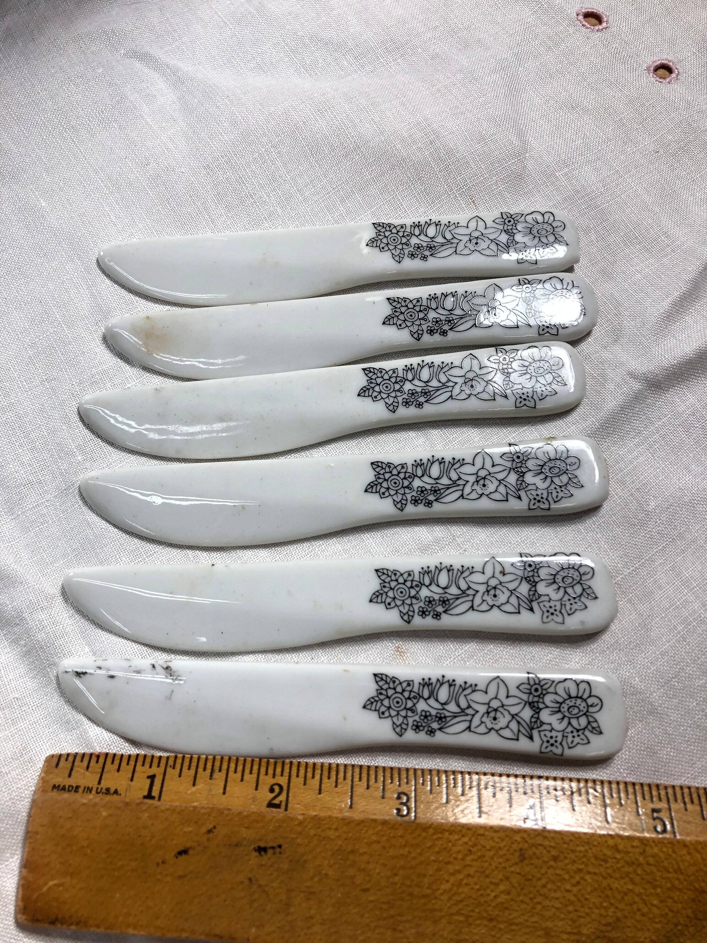 White Glass Knife Set, Vintage White and Black Kitchen Knives, Cottage
