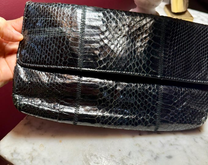 Black Snakeskin Leather Clutch Handbag, Vintage Evening Cocktail Purse