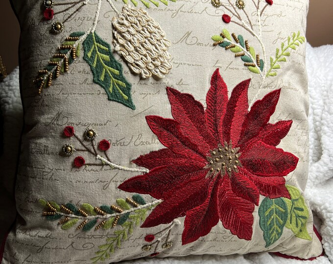 Decorative Throw Cushion, Red Poinsettia Flower Pillow,